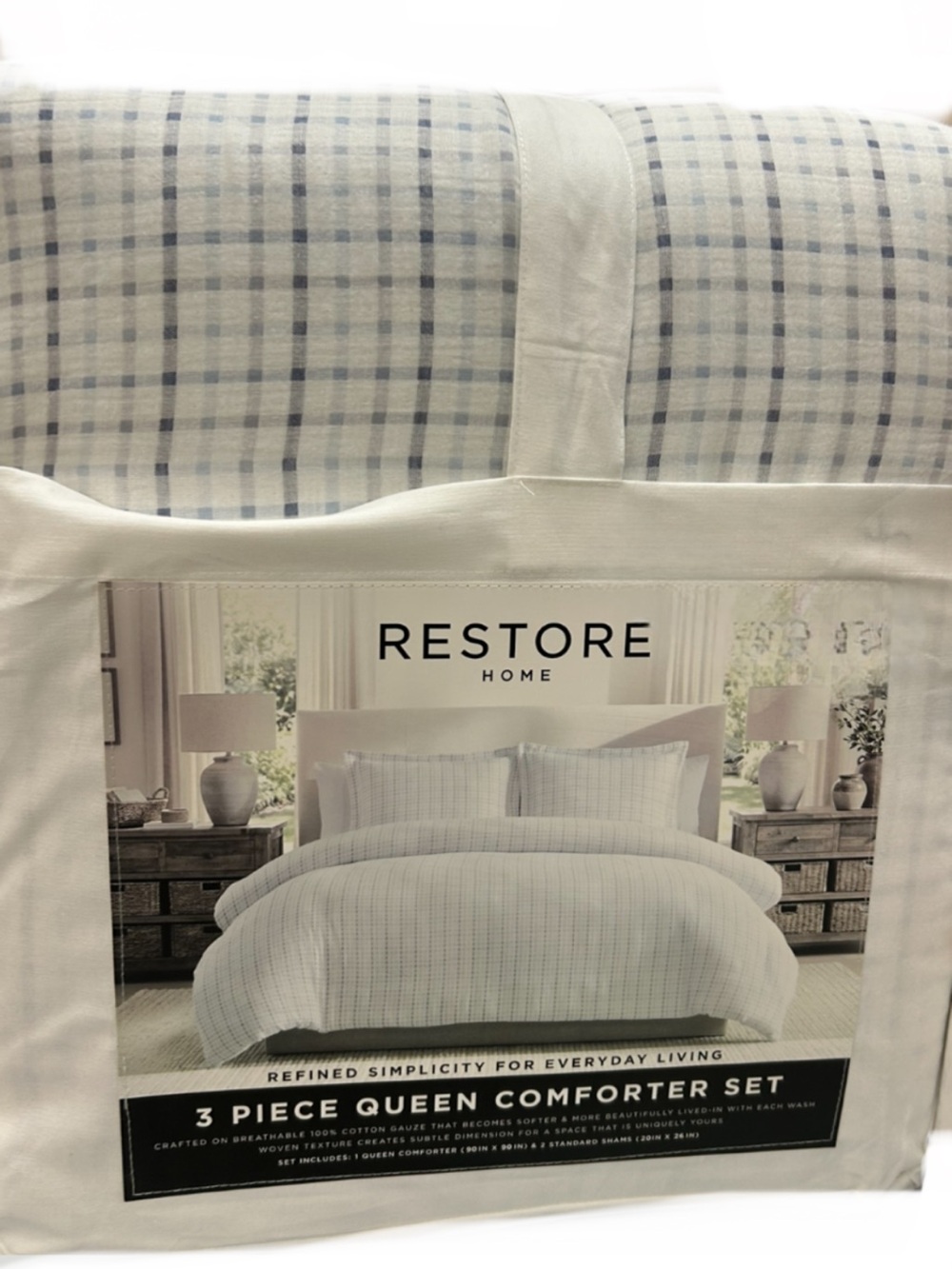Restore Home Queen Blue and White Checkered Cotton Gauze Comforter Set 90”x90”